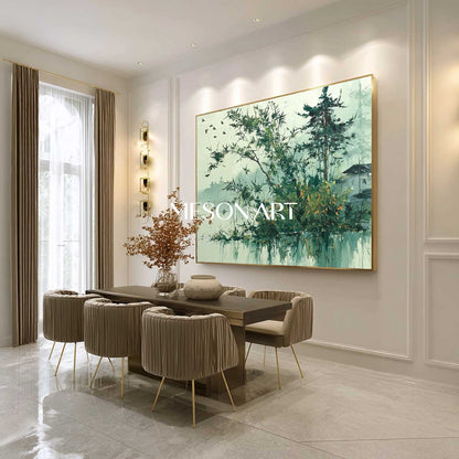 Japanese Wabi-Sabi Wall Art – Textured Nature Scene in Greens