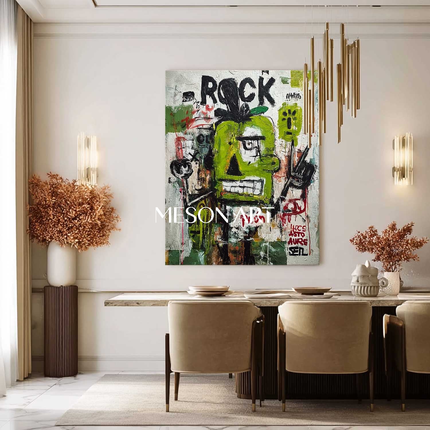 Original Rock Basquiat Inspired Green Abstract Painting Urban Wall Art