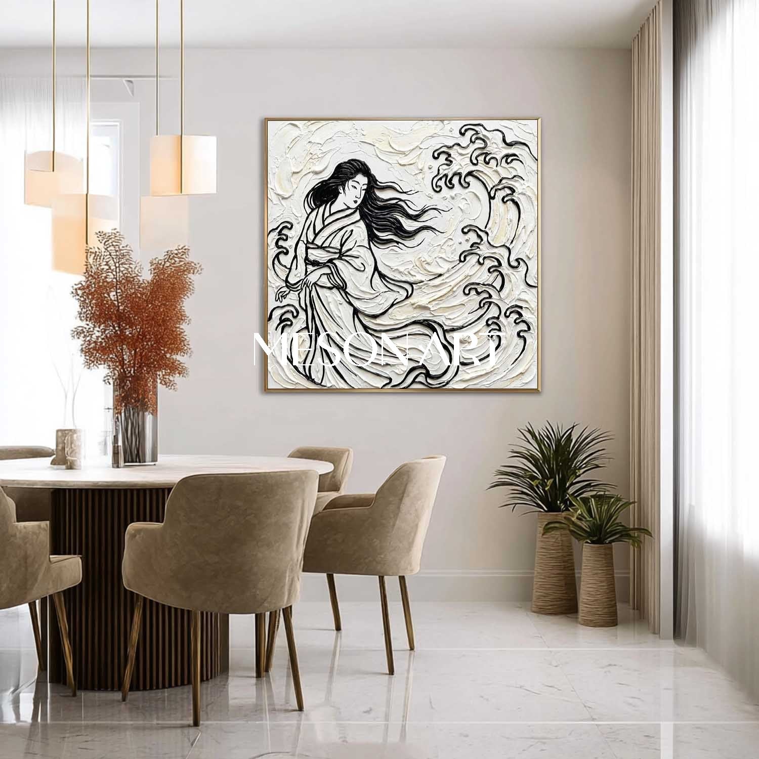 MESON ART | 3D Textured Wave & Lady Square Canvas - Gold Framed