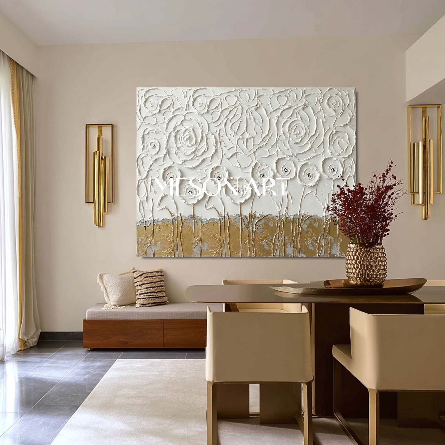 3D Gold and White Floral Textured Painting on Plaster Canvas Art
