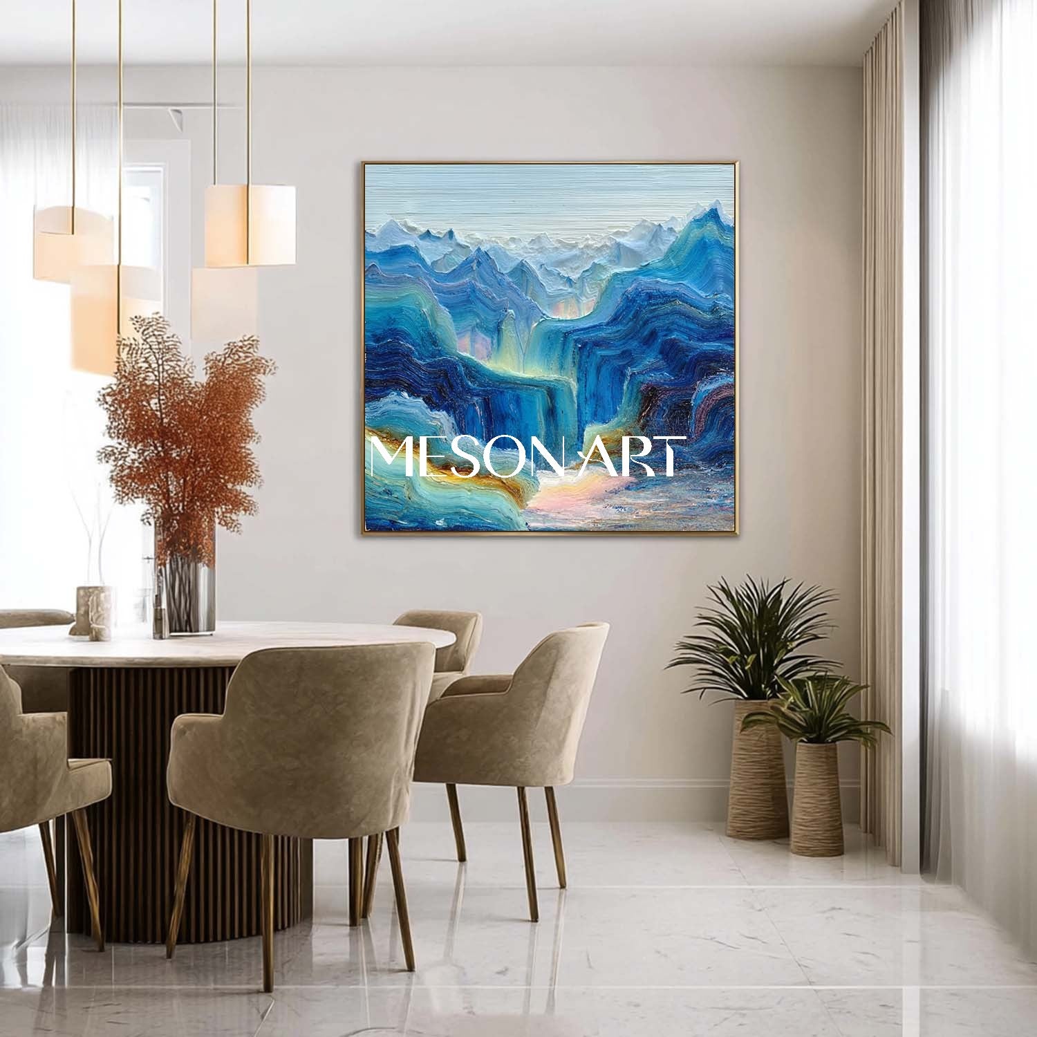 Cloudbound Heights – Blue Textured Mountain Wall Art with Fog