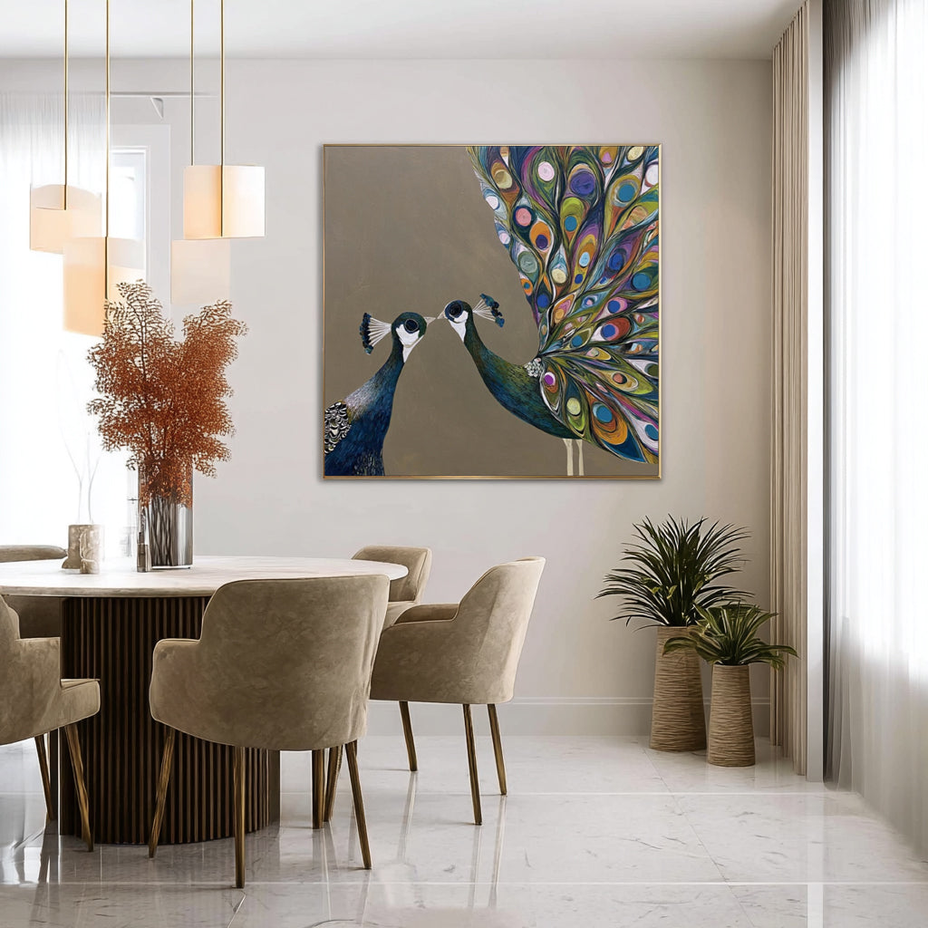 Modern Abstract Peacock Couple Wall Art Brown Canvas Painting Enterway