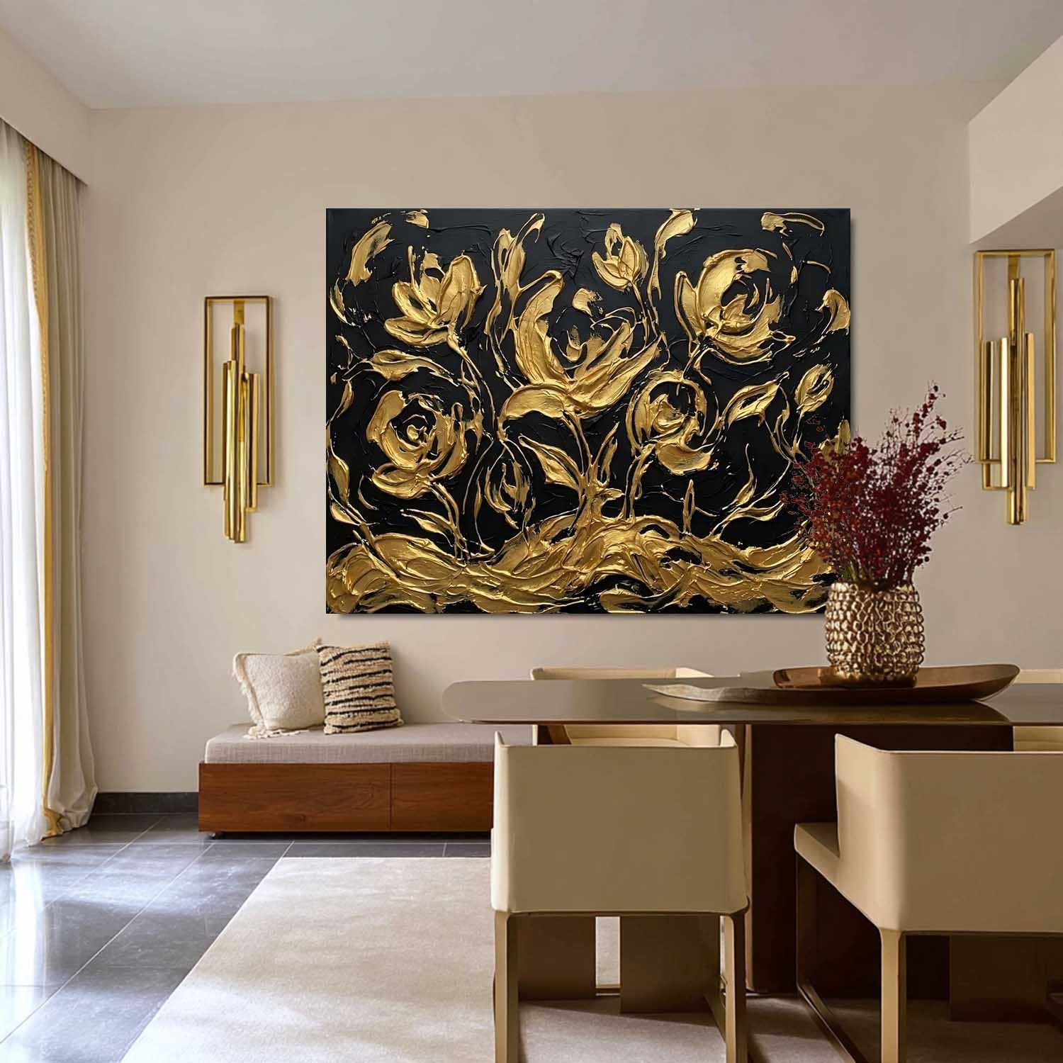 Horizontal Black And Gold Abstract Sketch Art | 3D Floral Line Decor