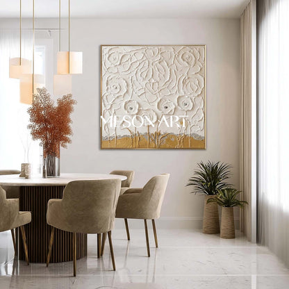 3D Textured White Flower Canvas Art | Gold Plaster Wall Decor