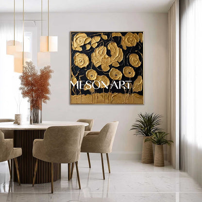 Black And Gold 3D Textured Flower Art | Luxury Canvas Painting