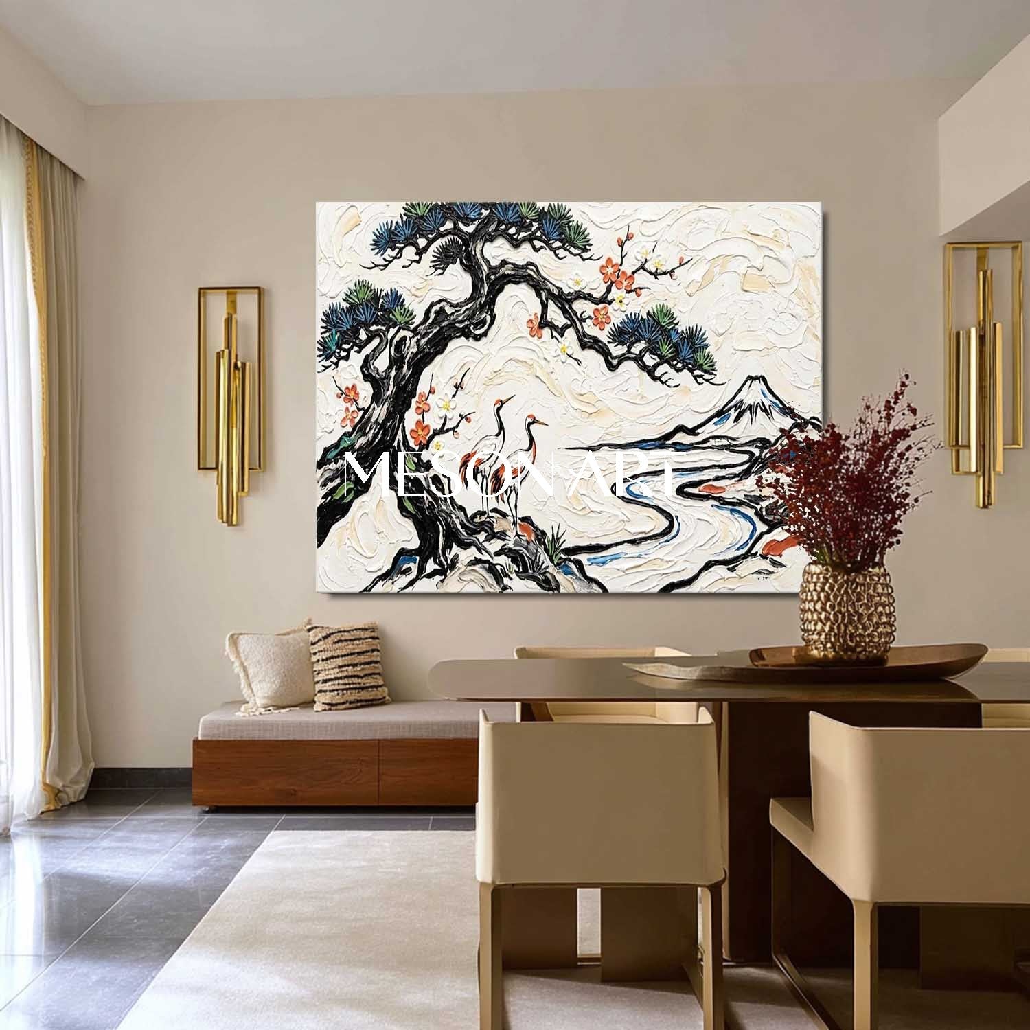 MesonArt 3D Textured Oil Painting | Pine Tree & Cranes Japanese Wall Art