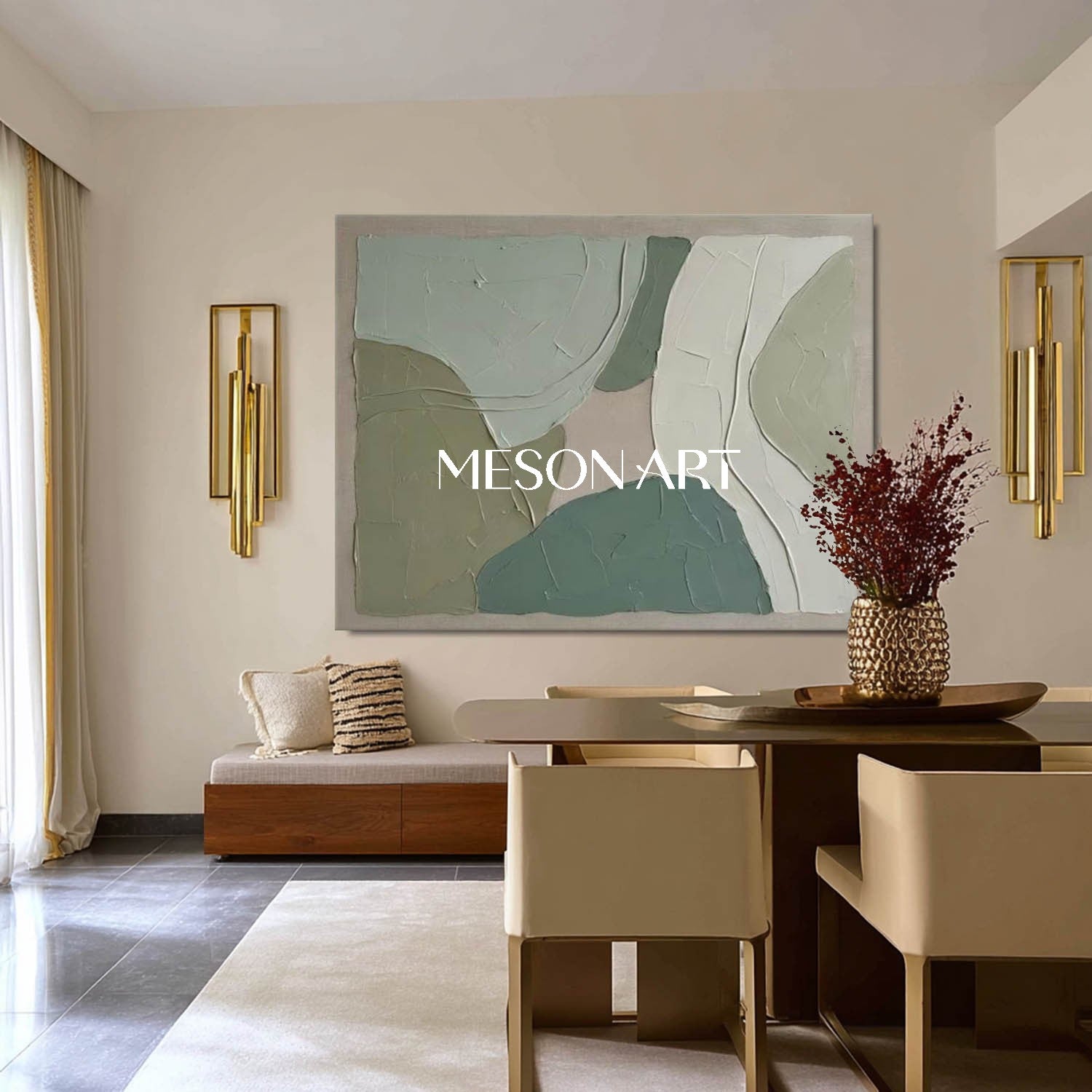 Large Wabi-Sabi Abstract Oil Painting | Minimalist Green Impasto Decor