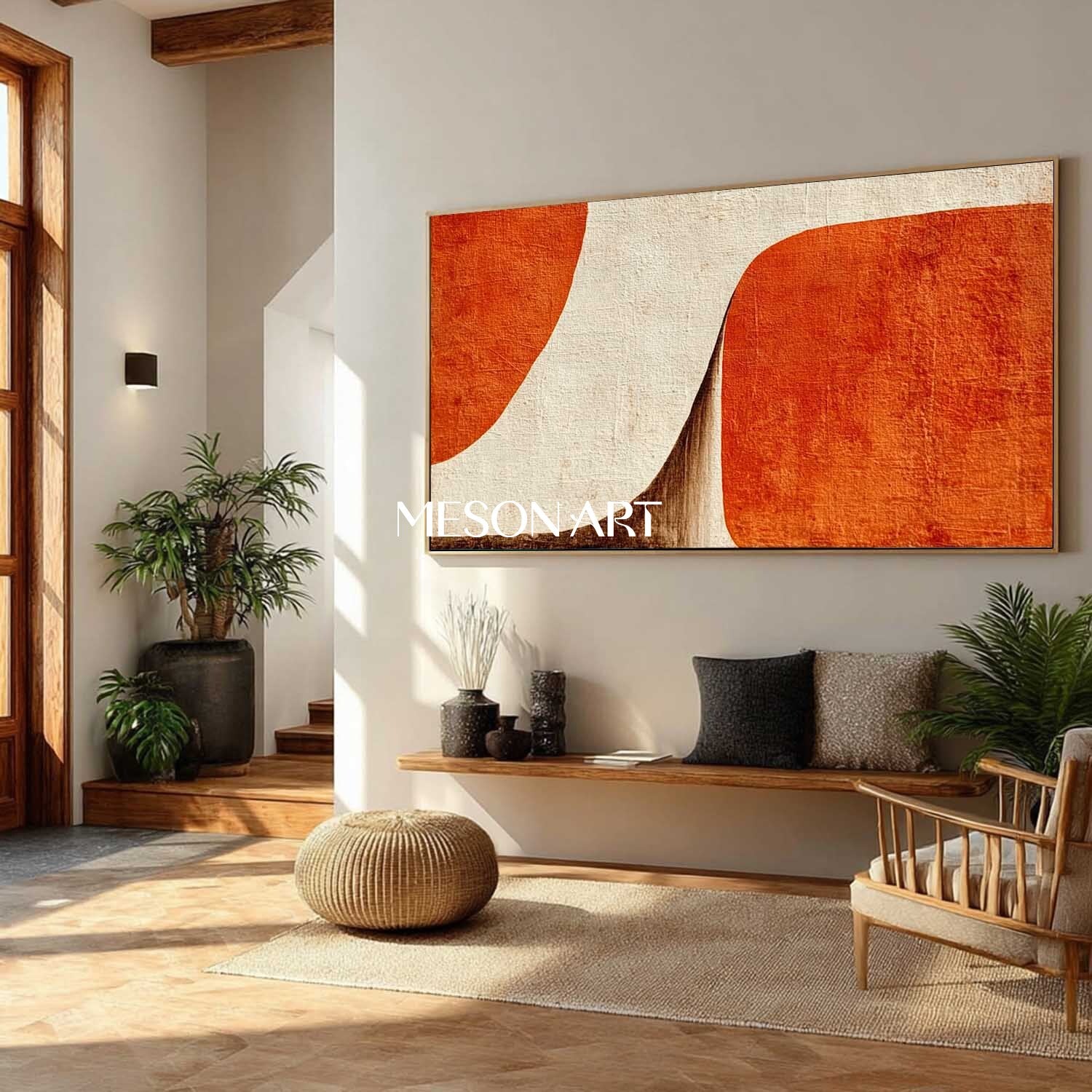 Minimalist Abstract Wall Art Orange and Beige Geometric Canvas Decor