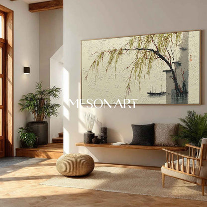 Minimalist Willow Landscape in Ink-Wash Style – Framed Wall Art | Mesonart