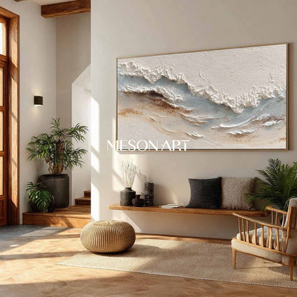 Large 3D Off-White Sea Texture Painting White Plaster Abstract Canvas Wall Art Decoration