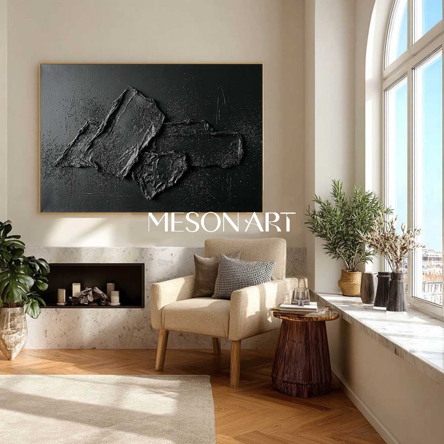 Large Wabi Sabi Brutalist Home Accent Black Textured Wall Art 3D Abstract Canvas Painting