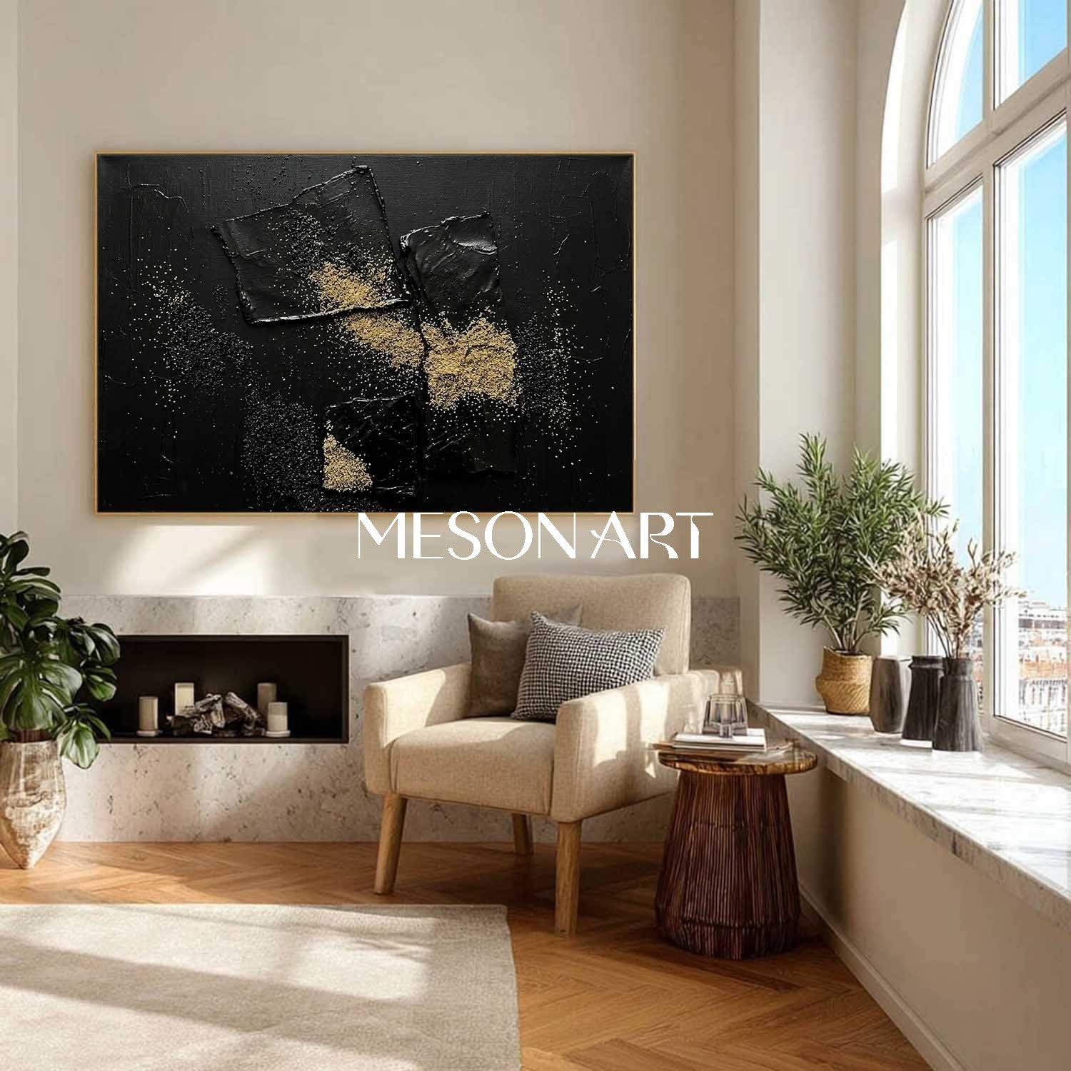 Black & Gold Abstract Textured Canvas Art Industrial Chic Home Office Accent