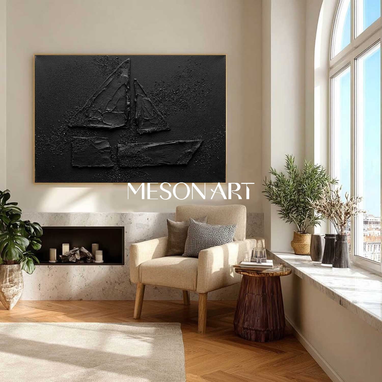 All Black Minimalist Sailboat Textured Canvas Painting Unique Nautical Art Gift