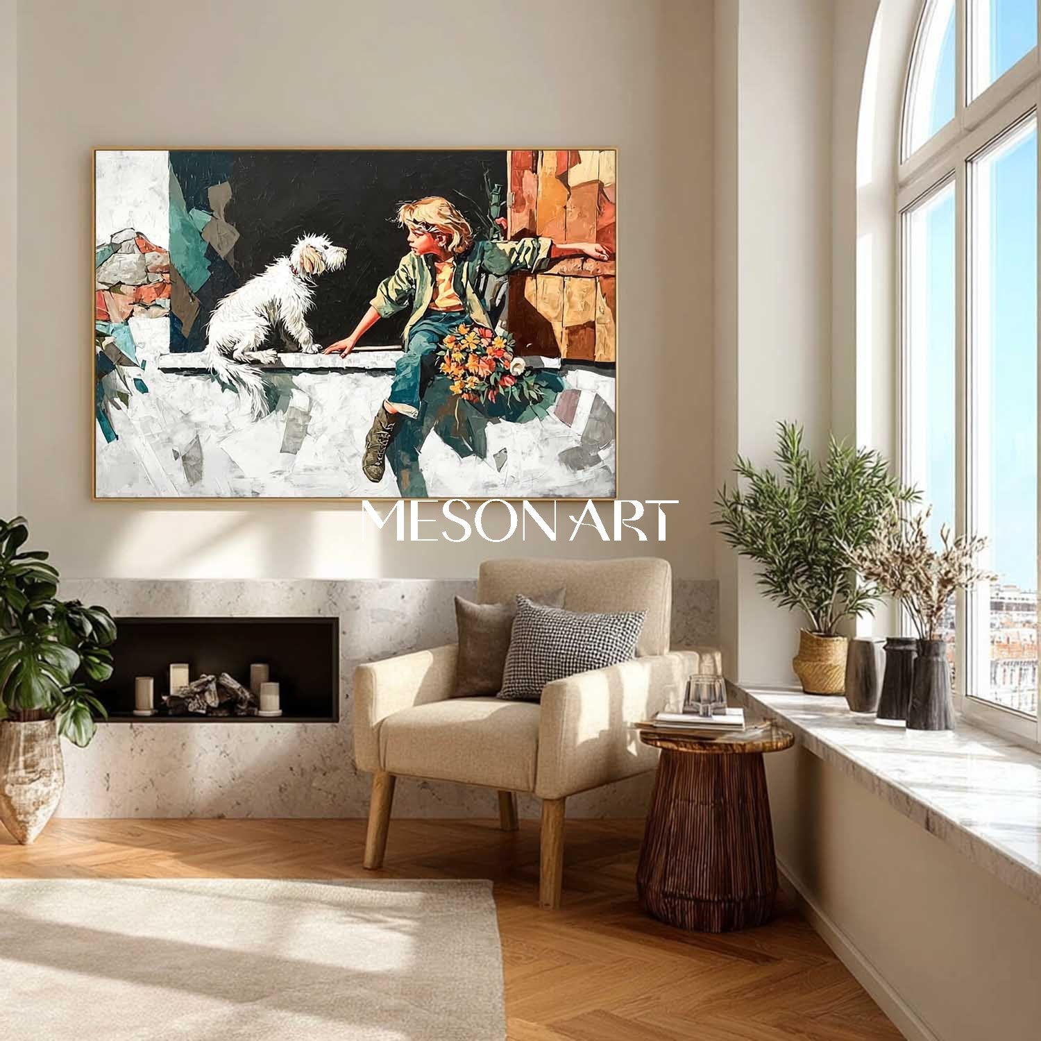 Surreal Blonde Boy and Dog – Dreamlike Stone Window Wall Art| Mesonart