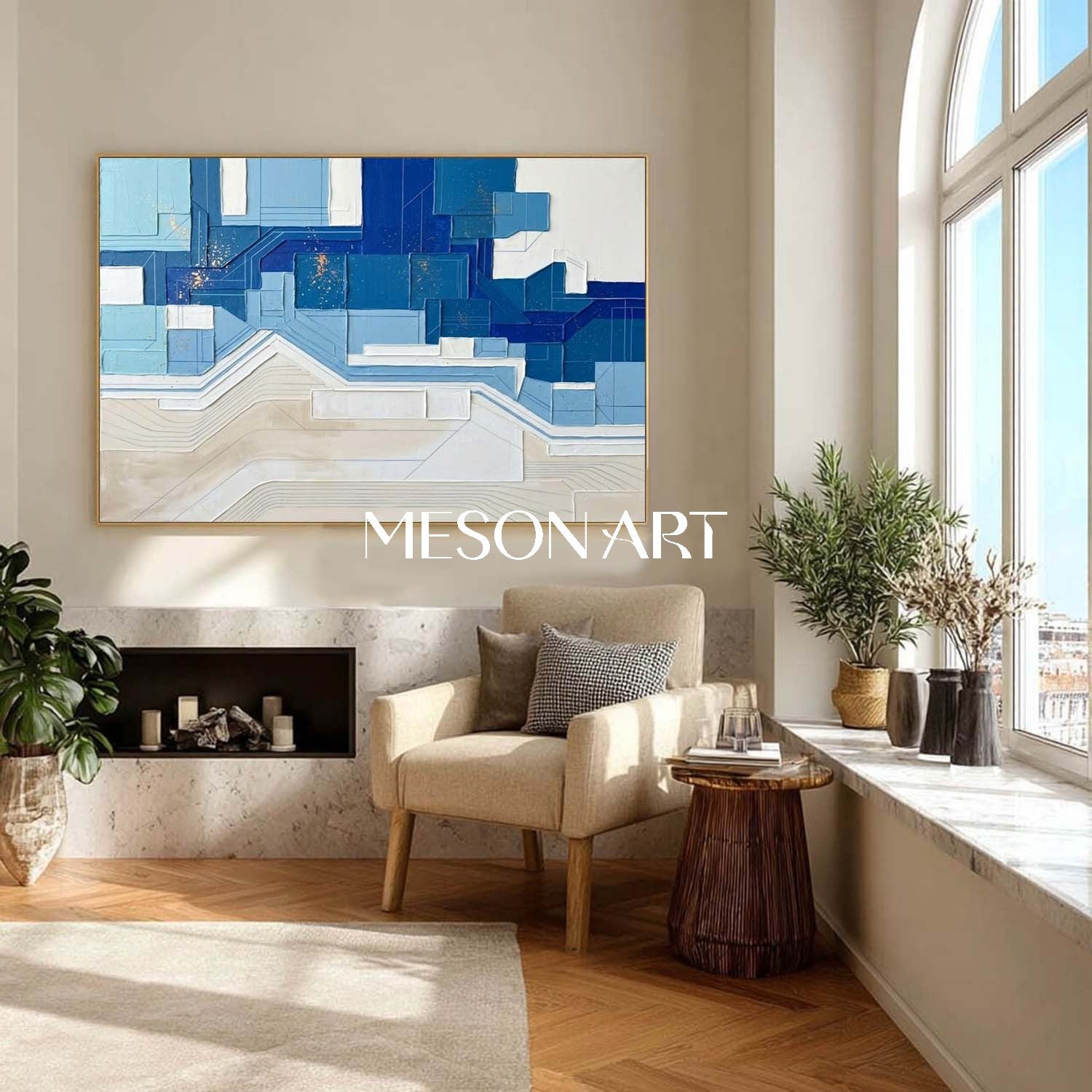Coastal Modern Wall Decor Blue Abstract Geometric Painting Navy Blue Minimalist Art