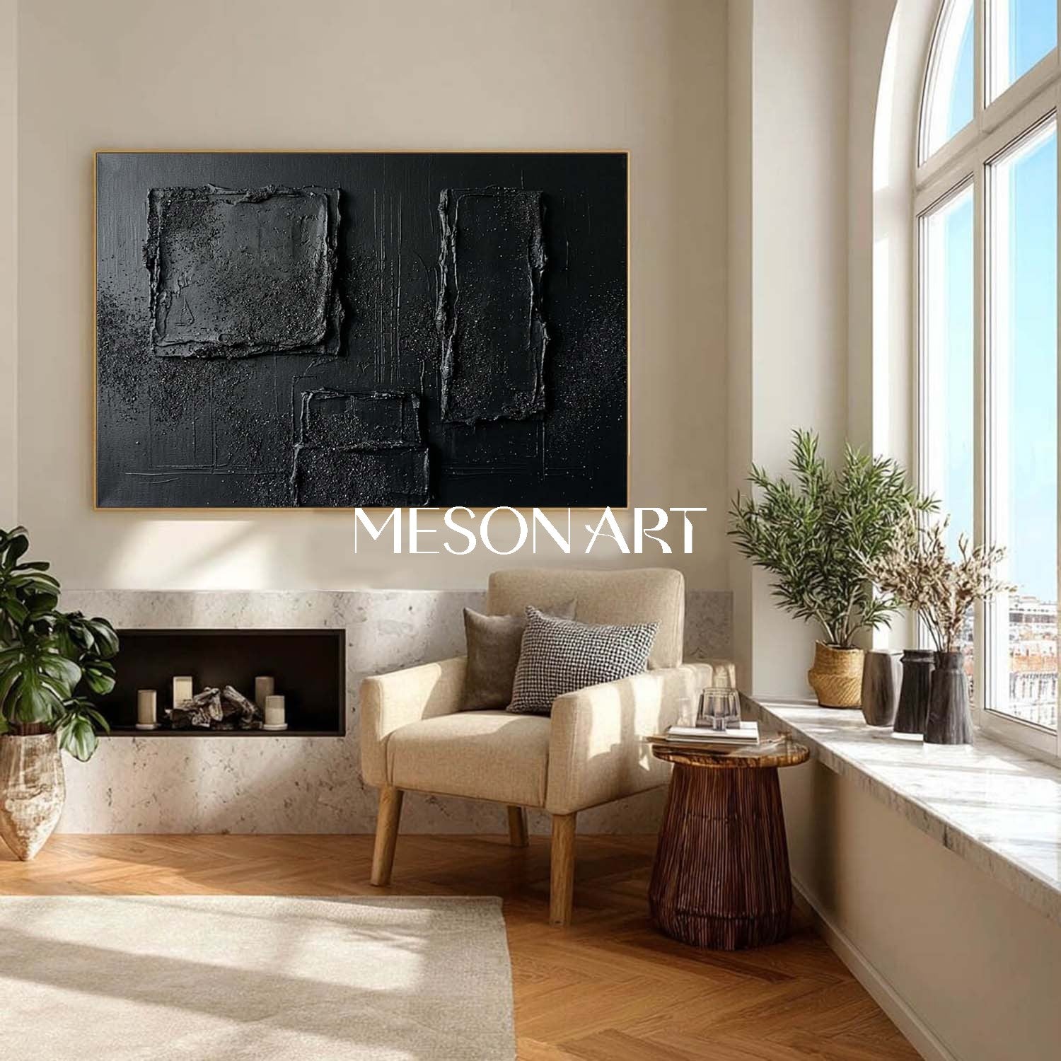 Black Minimalist Geometric Textured Canvas Art | 3D Gesso | MesonArt