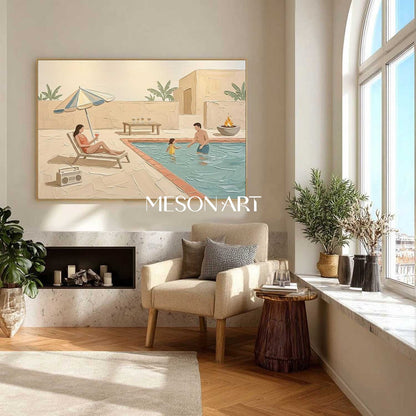 Pool Family Impasto Artwork Textured Wall Decor Large Framed Canvas Ready To Hang