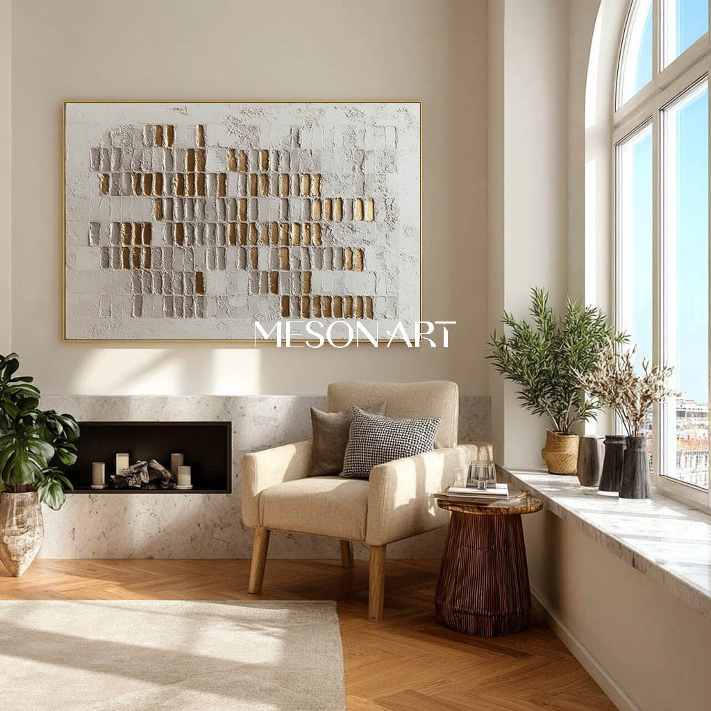 Modern Wall Decor Ideas Gold and White Abstract Textured Canvas Art for Sale Wabi-Sabi Art