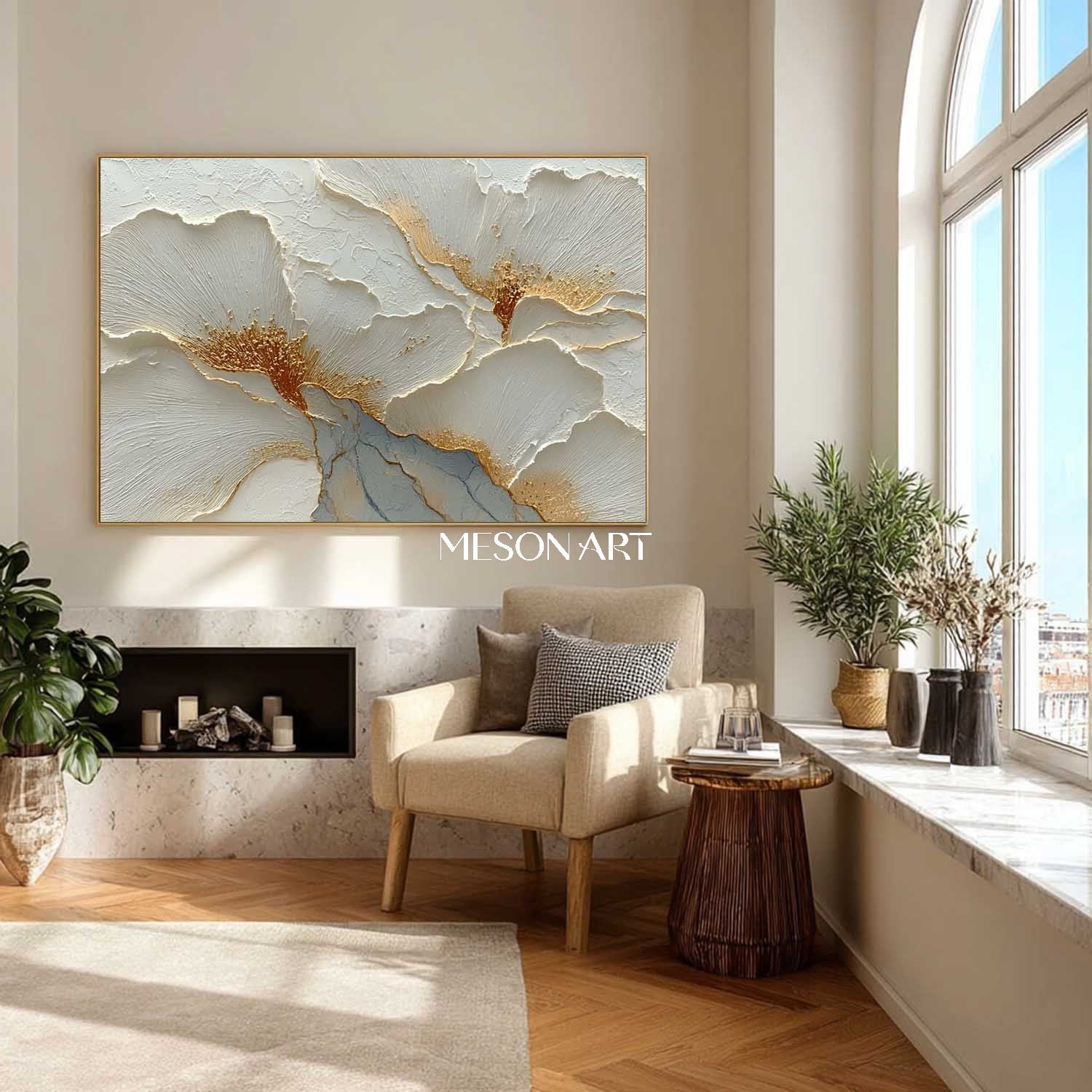 Large Gold and White Floral Plaster Canvas Art Modern Plaster Wall Art Decoration Ideas