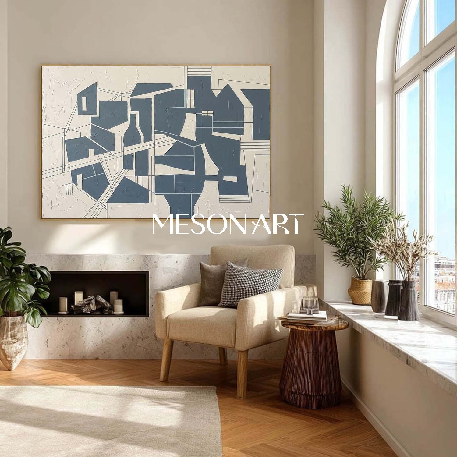 Navy Blue Abstract Painting MesonArt | Modern Navy Geometric Textured Canvas Wall Art