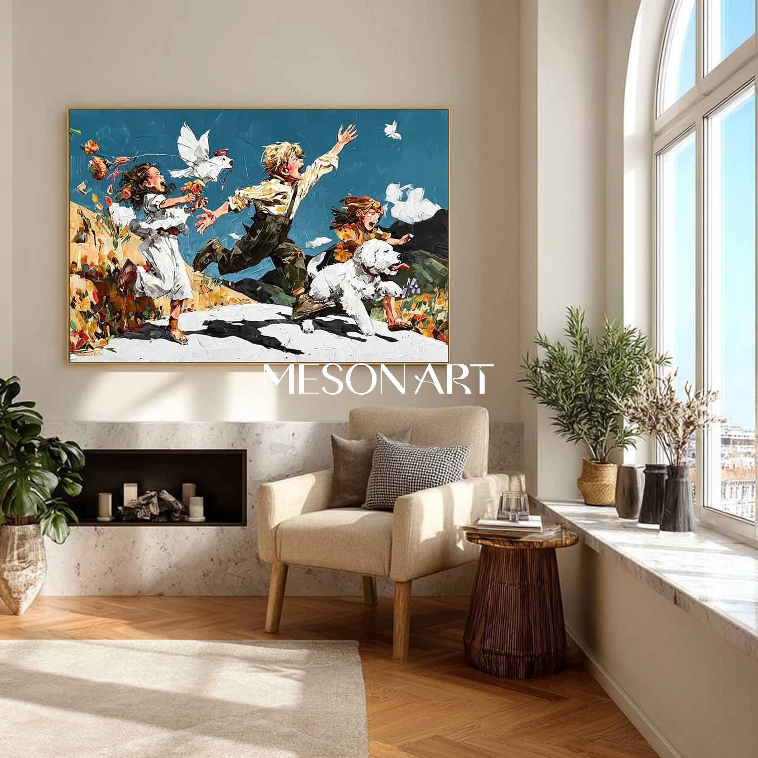 Magical Childhood Moment – Surreal Canvas with Kids and Pet Dog
