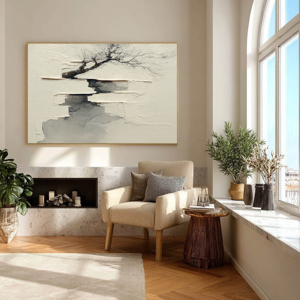 Beige And Black Minimalist Landscape Painting Wabi-Sabi Wall Art Decor Minimalist Landscape Art