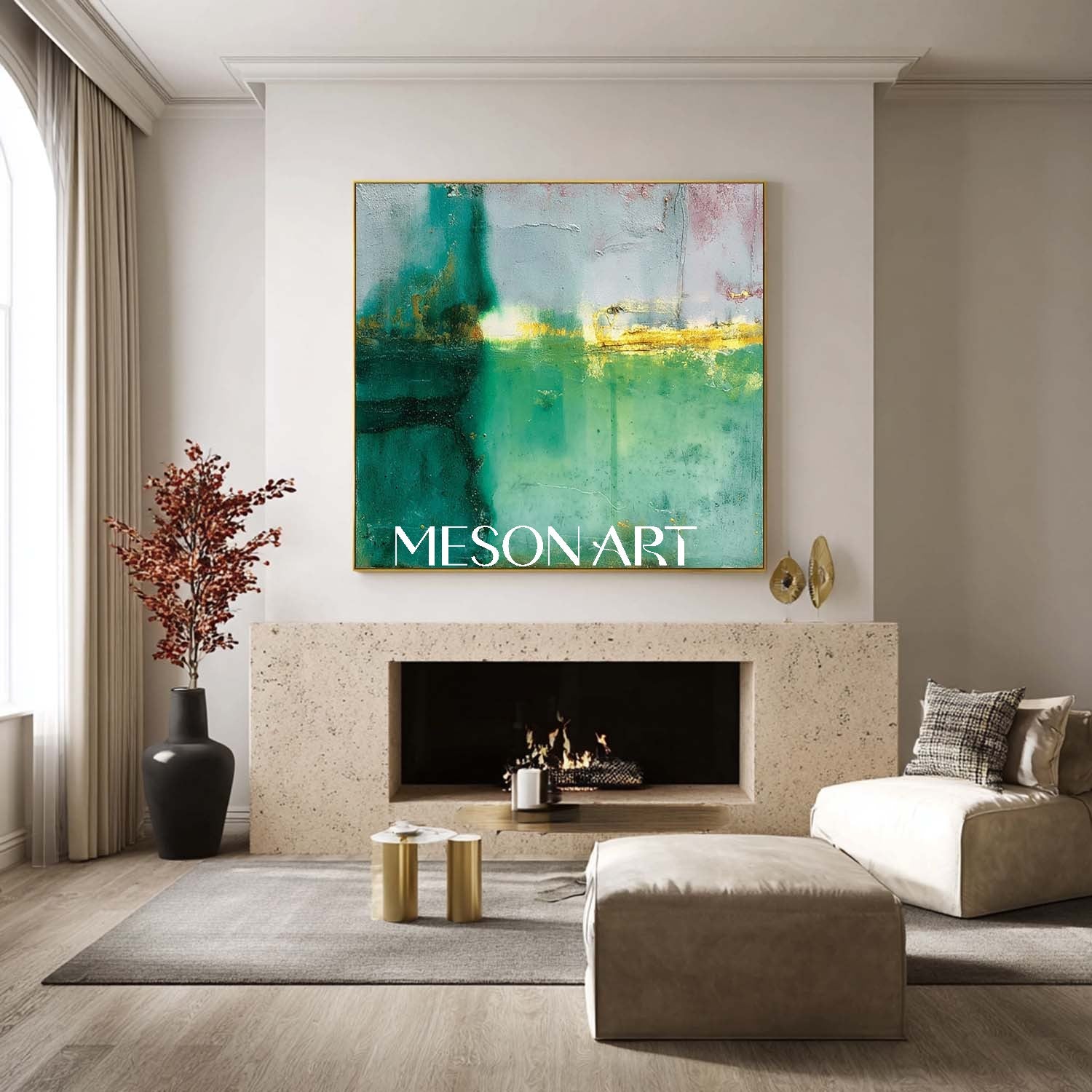 Green and Gold Abstract Art 55*55 Light Green Fireplace Wall Painting