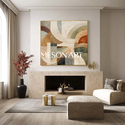 Large Geometric Abstract Wall Art Decor – Beige, Gold & Terracotta Canvas