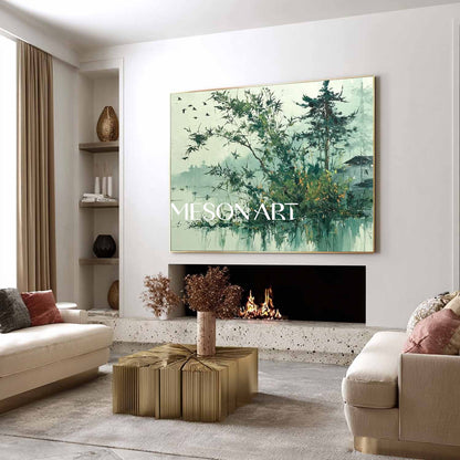 Japanese Wabi-Sabi Wall Art – Textured Nature Scene in Greens