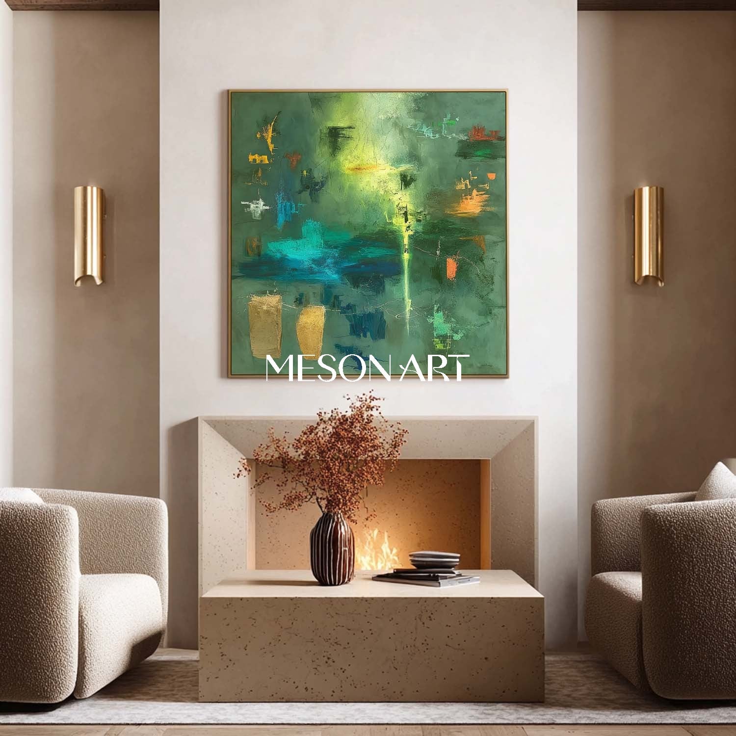 Large Green Abstract Rainforest Painting Vibrant Canvas Entryway