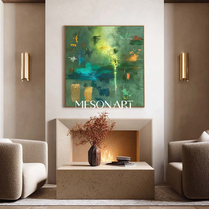 Large Green Abstract Rainforest Painting Vibrant Canvas Entryway