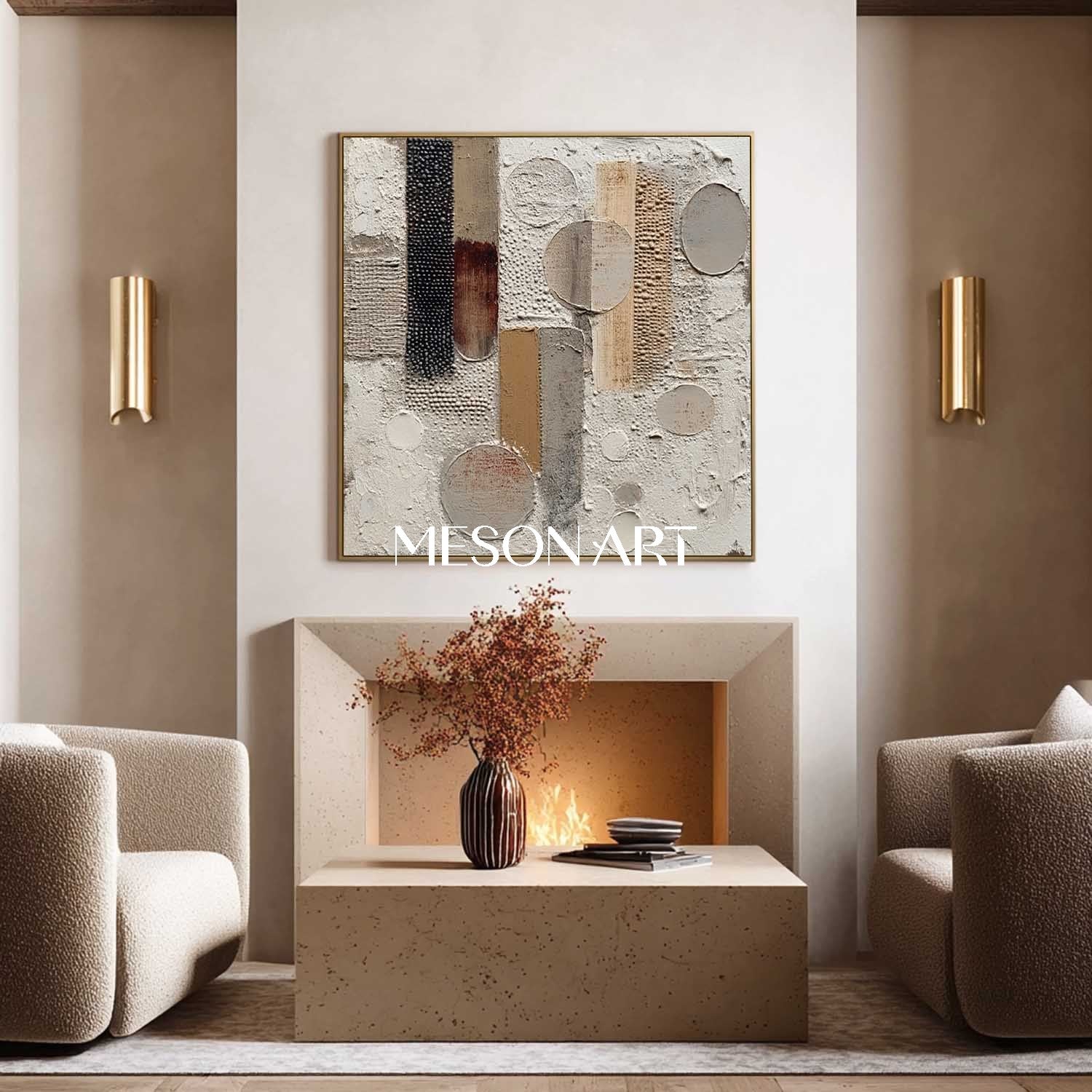 Minimalist Textured Large Beige Canvas Hand-Painted Plaster Wall Art