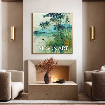 Textured Wabi-Sabi Landscape Canvas – Bamboo, Water & Distant Hills