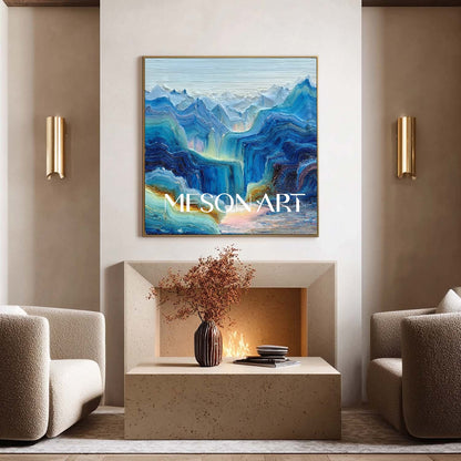 Cloudbound Heights – Blue Textured Mountain Wall Art with Fog