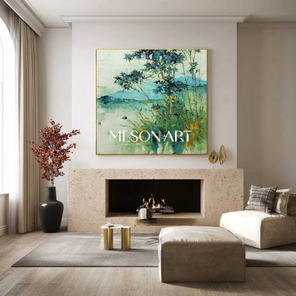 Textured Wabi-Sabi Landscape Canvas – Bamboo, Water & Distant Hills