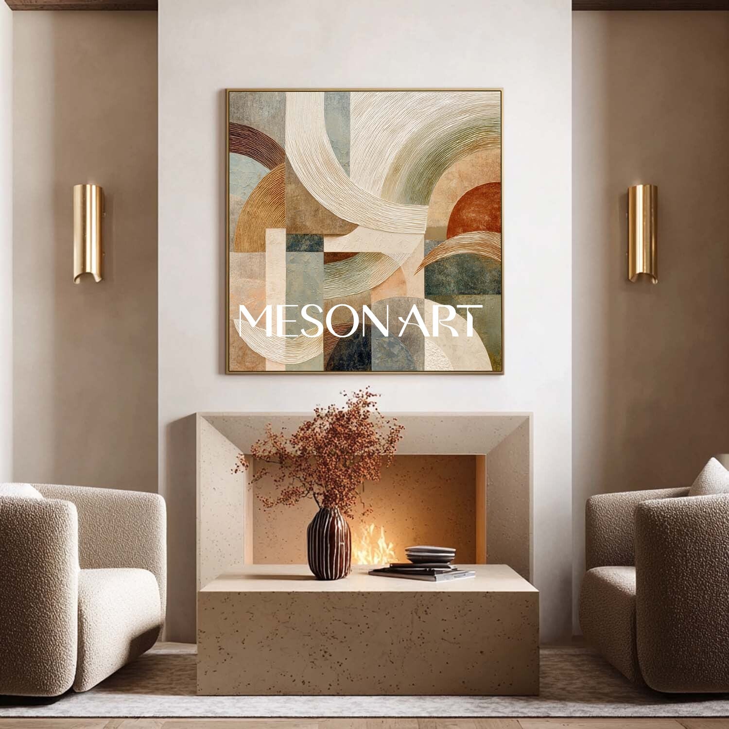 Large Geometric Abstract Wall Art Decor – Beige, Gold & Terracotta Canvas