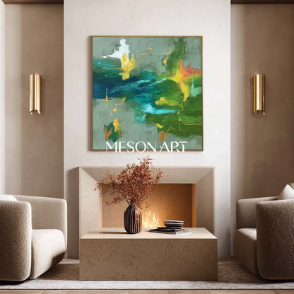 Green Abstract Large Painting Handmade Colorful Wall Art Bathroom