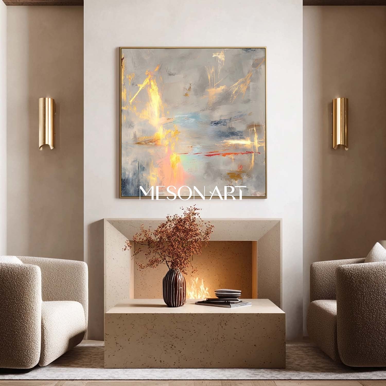 Gold Gray Modern Abstract Bedroom Painting Large Framed Wall Art