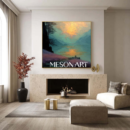 Textured Landscape Canvas – Romantic Sunset Lake Wall Art Decor