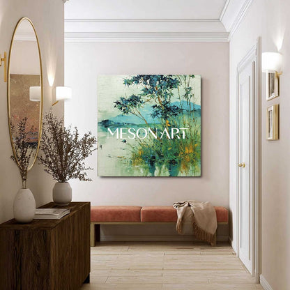 Textured Wabi-Sabi Landscape Canvas – Bamboo, Water & Distant Hills