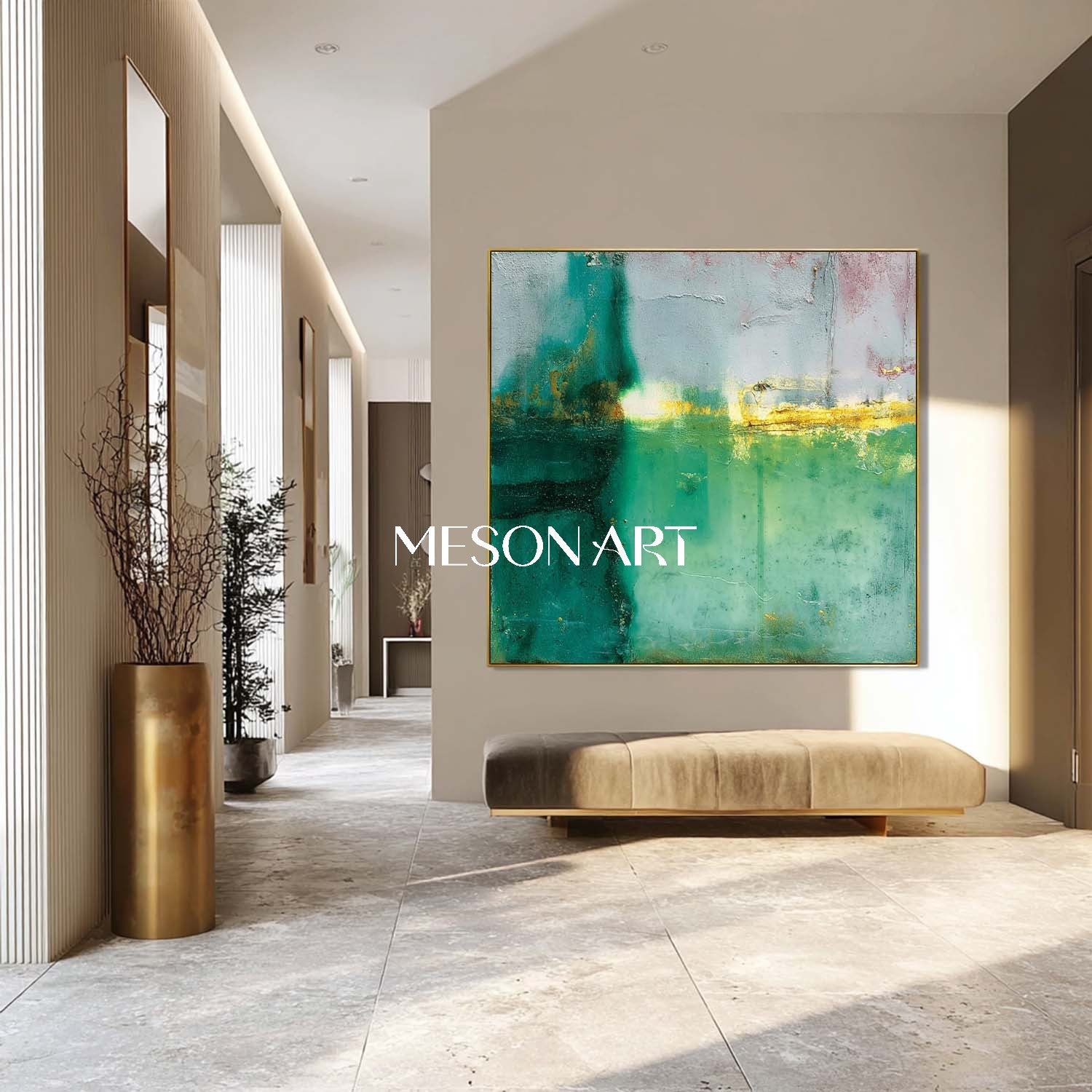 Green and Gold Abstract Art 55*55 Light Green Fireplace Wall Painting