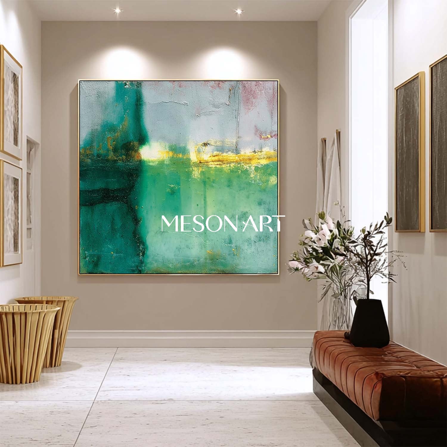 Green and Gold Abstract Art 55*55 Light Green Fireplace Wall Painting