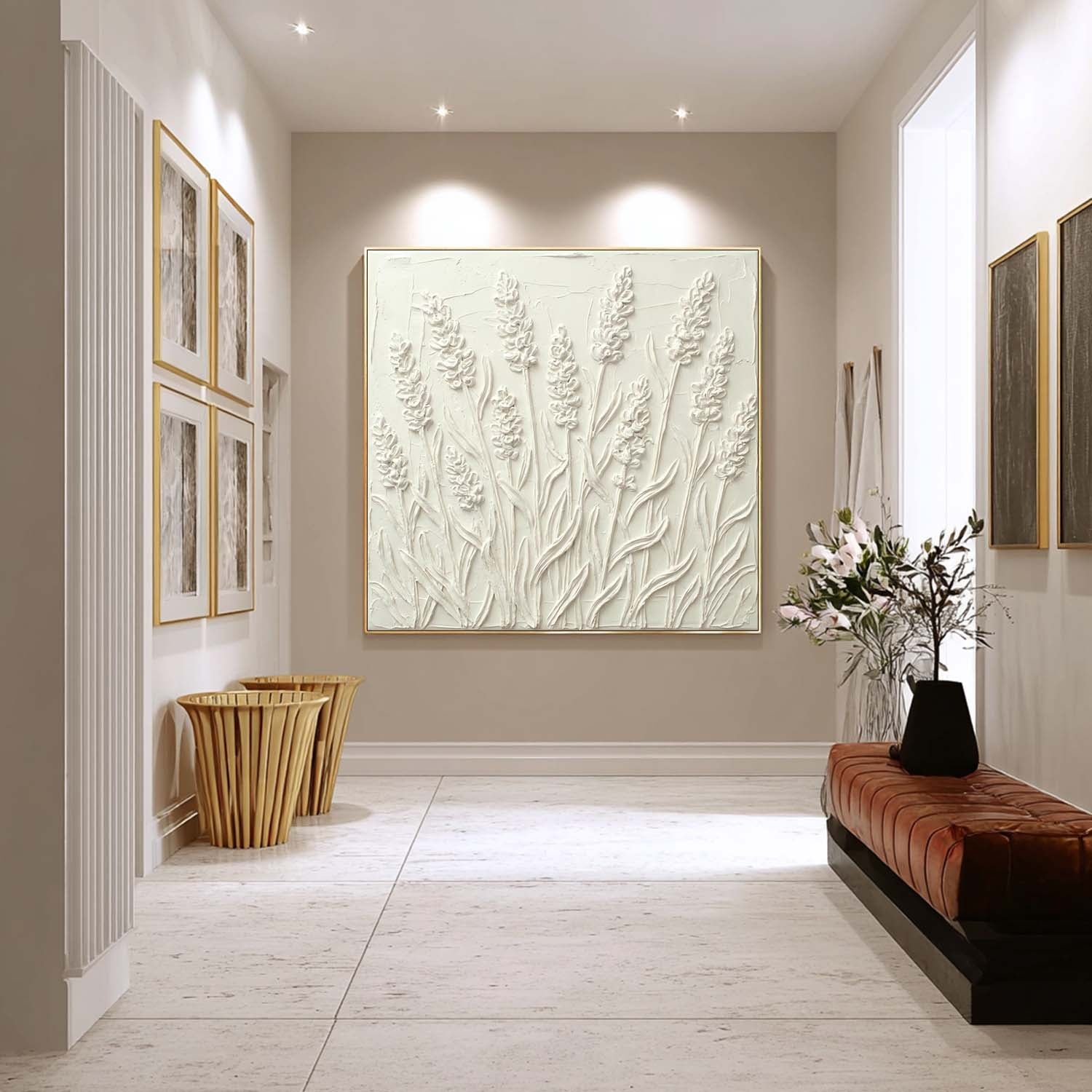 3D White Lavender Art Flower Textured Wall Painting Plaster Canvas Art