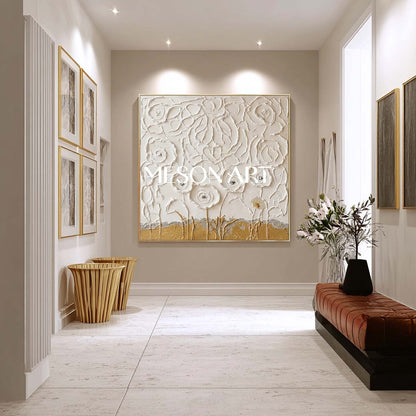 3D Textured White Flower Canvas Art | Gold Plaster Wall Decor