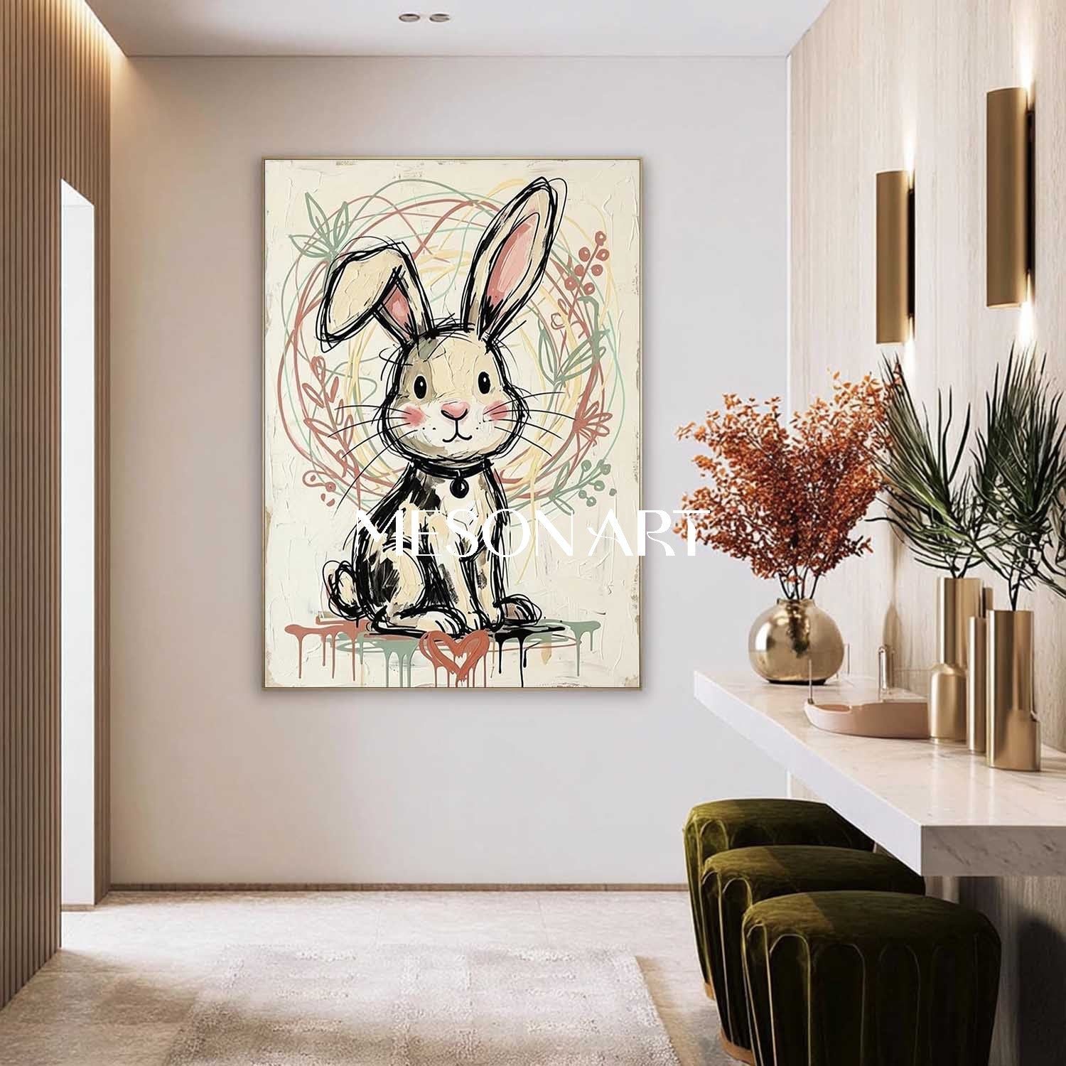 Cute Bunny Plaster Textured Wall Art Painting Kids Nursery Decor