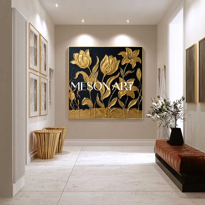 Handmade Black And Gold Tulip Oil Painting Luxury Canvas Painting