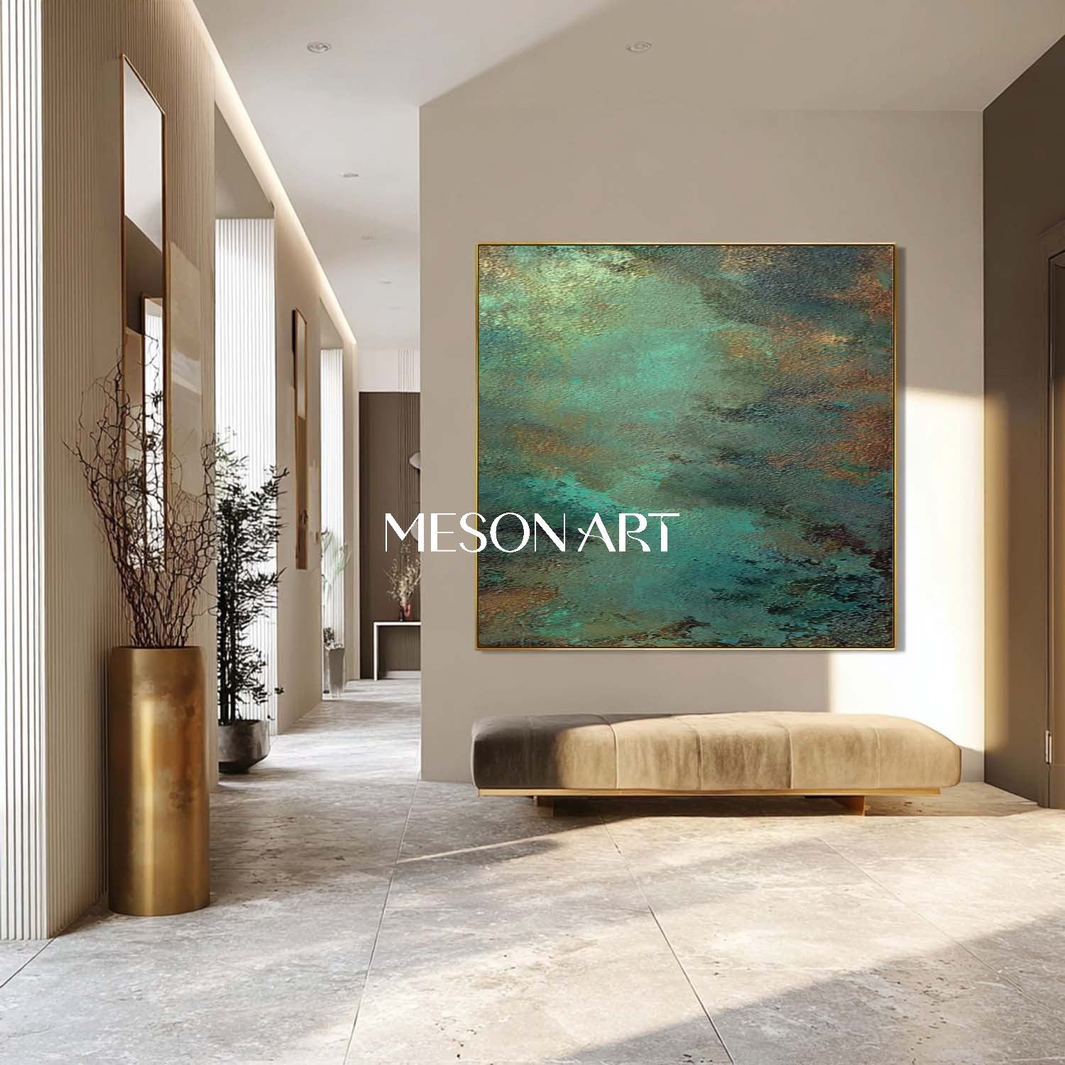 Abstract Green and Bronze Texture Painting Entrance Wall Decor
