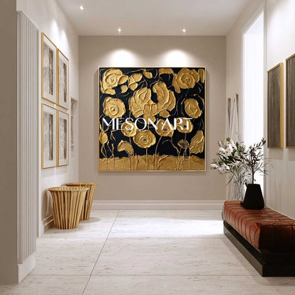 Black And Gold 3D Textured Flower Art | Luxury Canvas Painting