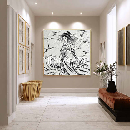 Hand Painted 3D Textured Geisha Canvas Art | Black And White Abstract Asian Wall Decor For Living Room
