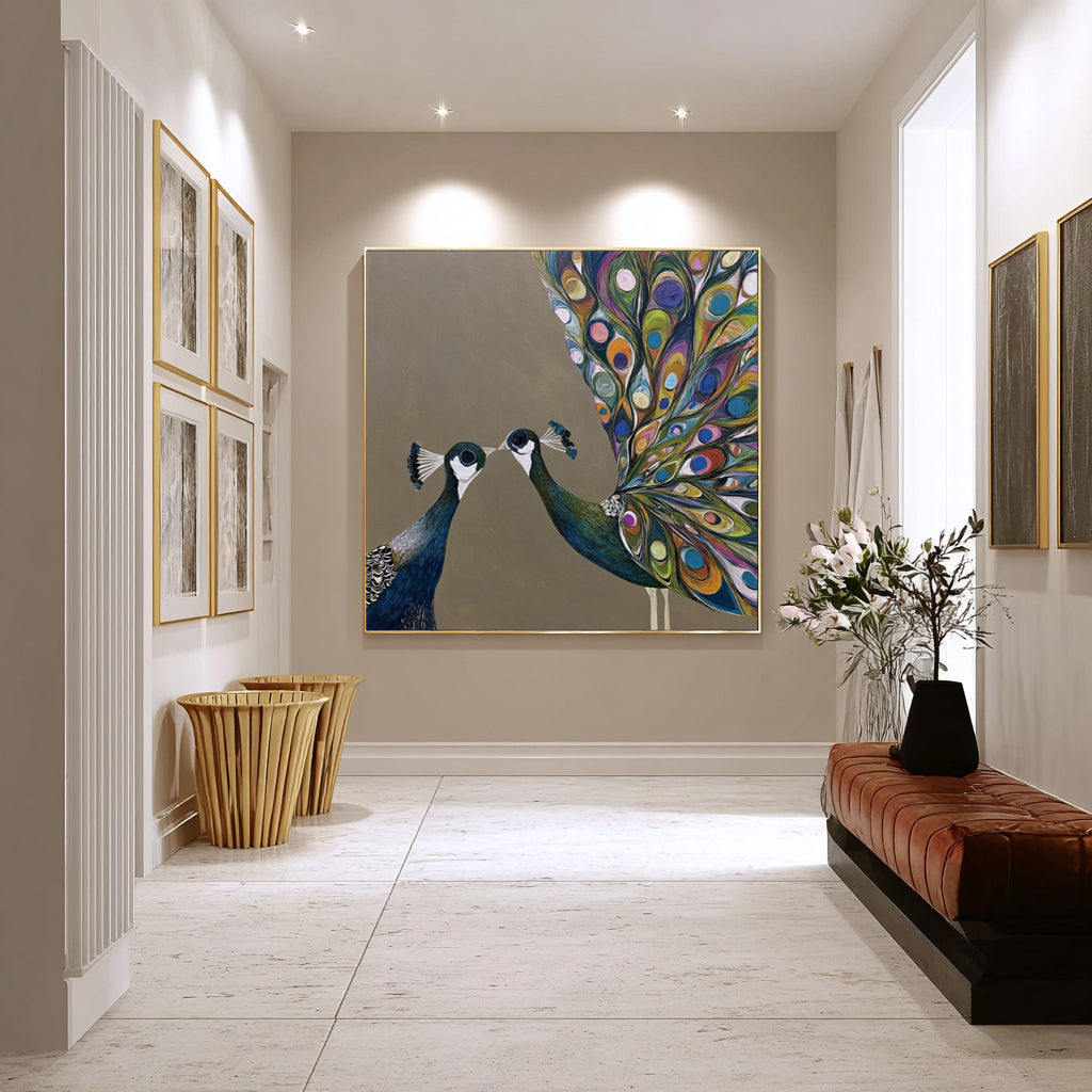 Modern Abstract Peacock Couple Wall Art Brown Canvas Painting Enterway